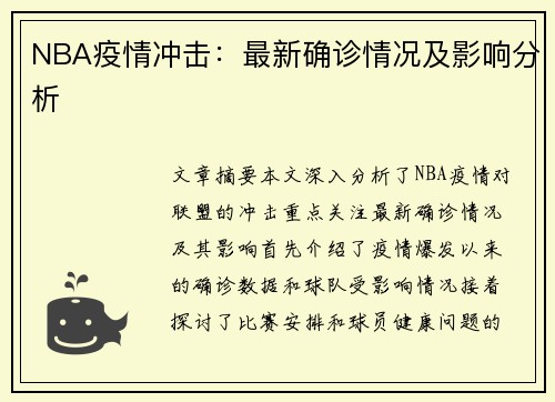 NBA疫情冲击：最新确诊情况及影响分析